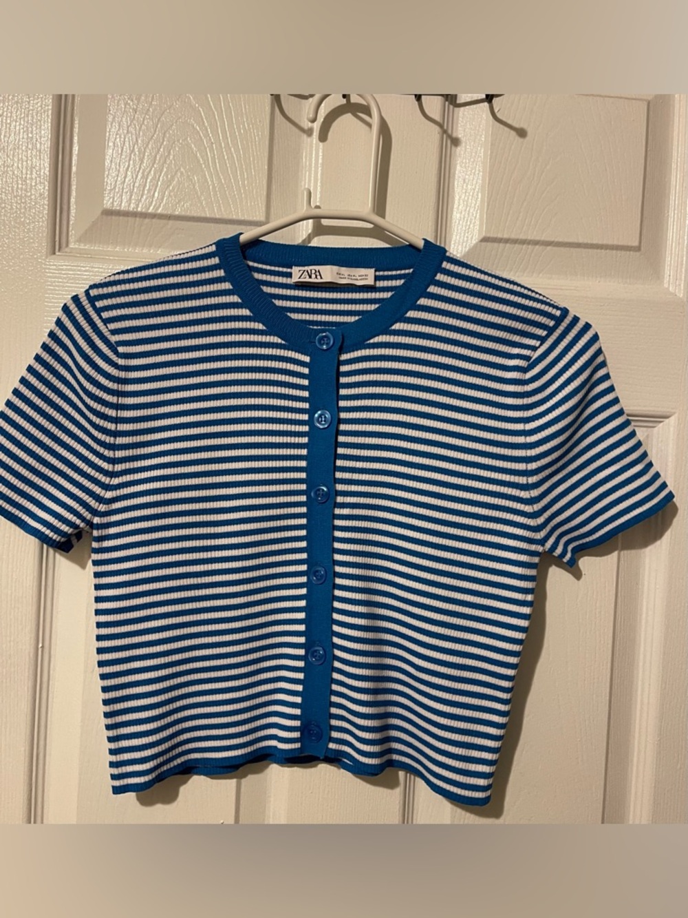 Zara Blue & White Striped Short-Sleeve Button Cardigan